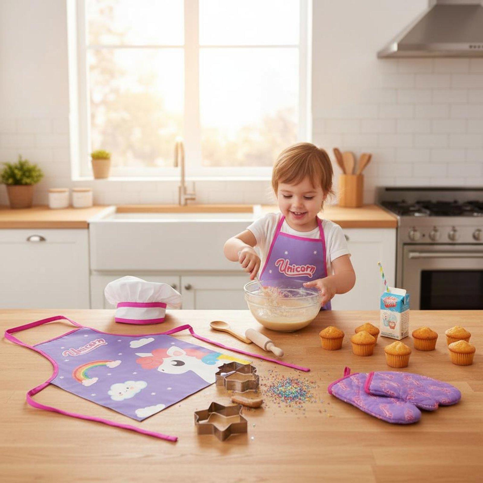 Kitchen Kids Baking Set - 子供向けの11点セットのキッチンごっこ遊びセット。シェフエプロンと調理器具、木製の麺棒、泡立て器が含まれ、お子様が料理ごっこを楽しめます。