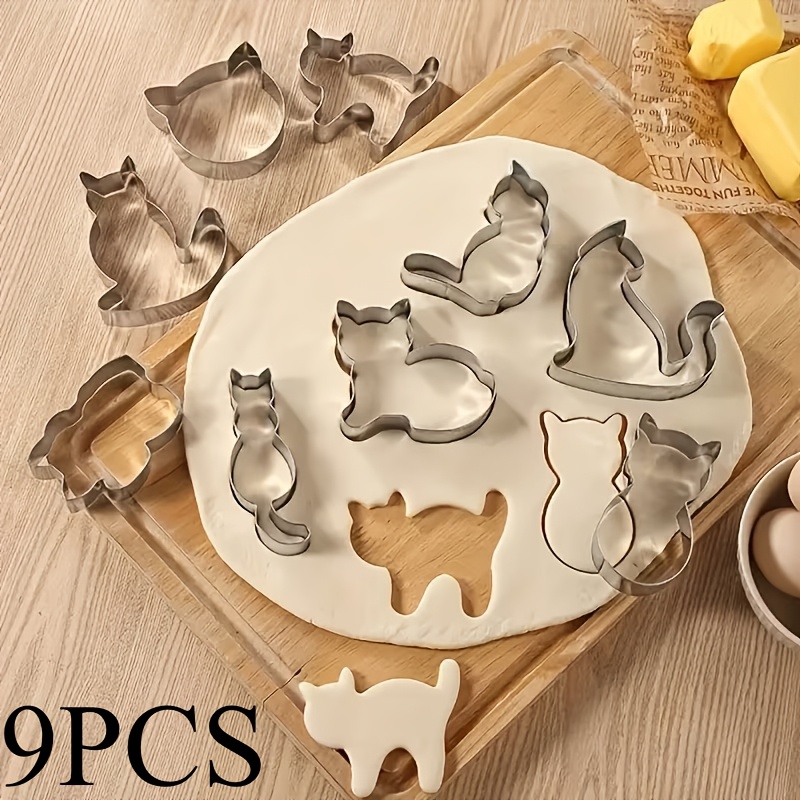 Baking Kitchen Set - 9個入りクッキー型セット。食品グレードのステンレス製。かわいい猫の形をした型で、家庭用キッチンでのお菓子作りやDIYに最適なムース型としても使用できます。