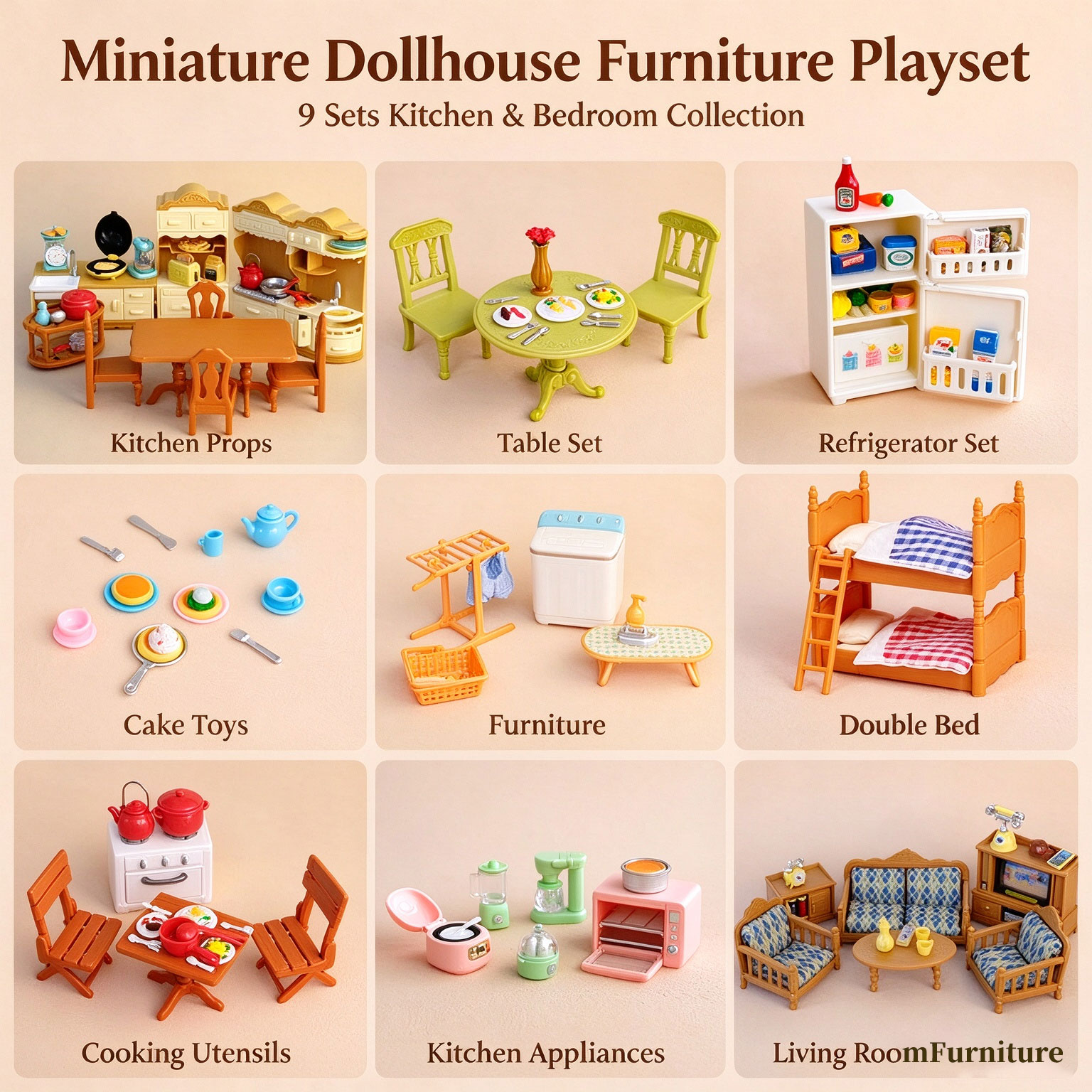 Kitchen Uncle - 1:12スケールのドールハウス用ミニチュア家具セット。ミニチュアのキッチン家電、ダイニングセット、ソファ、ベッド、ドールハウス用マイクロシーン装飾、ごっこ遊び用おもちゃ、ギフト。