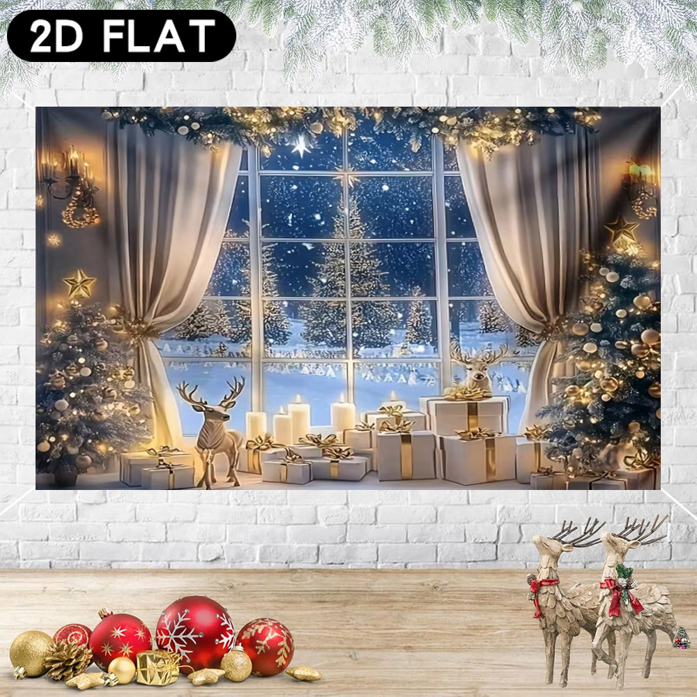 Kitchen Baking Background - 白い冬のクリスマスをテーマにした背景バナー、タペストリー、ポスター。クリスマスツリー、暖炉、キッチン、焼き菓子、雪景色、サンタクロース。
